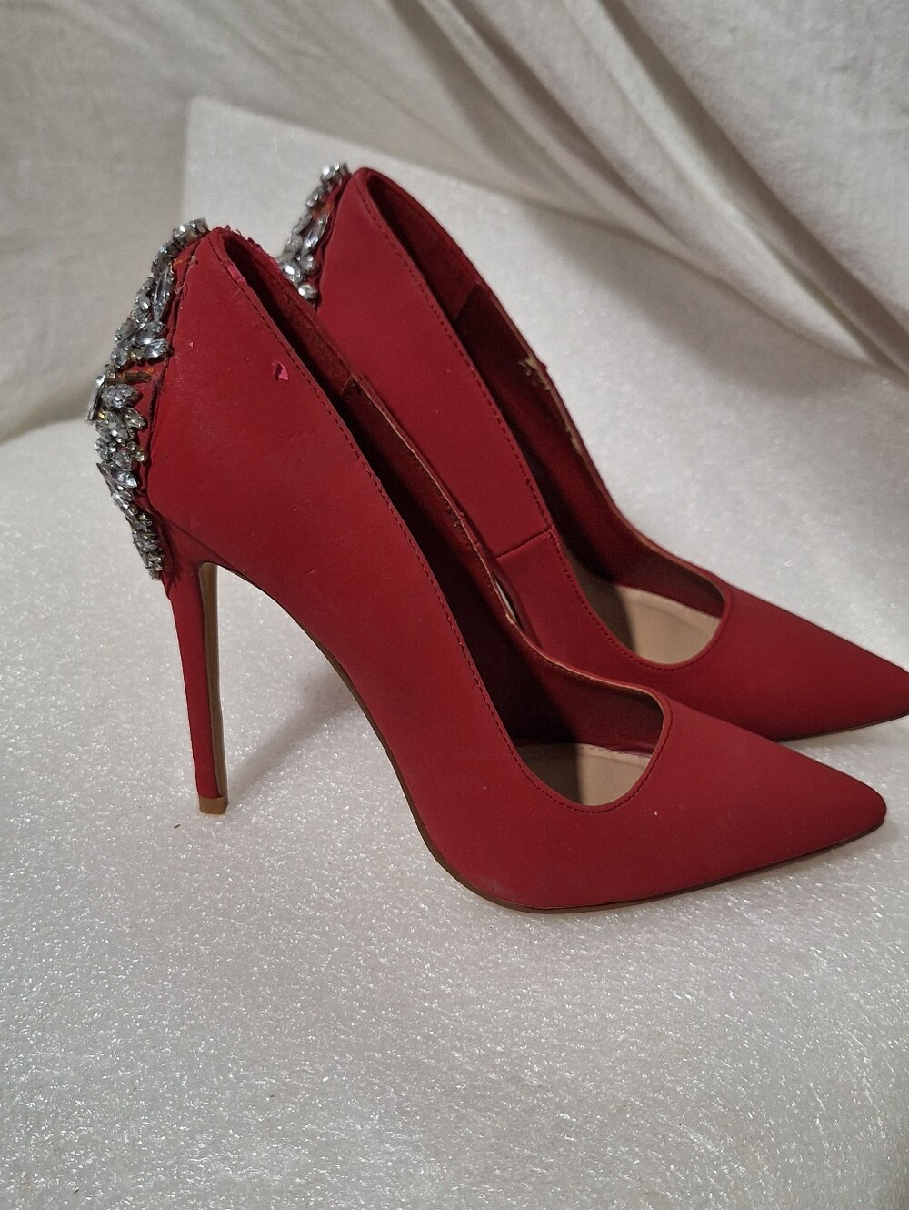 Red Jeweled Pointed-Toe Stiletto Pumps - Women